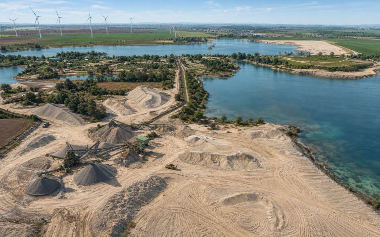 Eine weite Luftaufnahme zeigt ein Kiesabbaugebiet mit großen Sandflächen, Materialhalden, Förderanlagen und angrenzenden Seen. Im Hintergrund liegen Felder, Ortschaften und Windkraftanlagen.