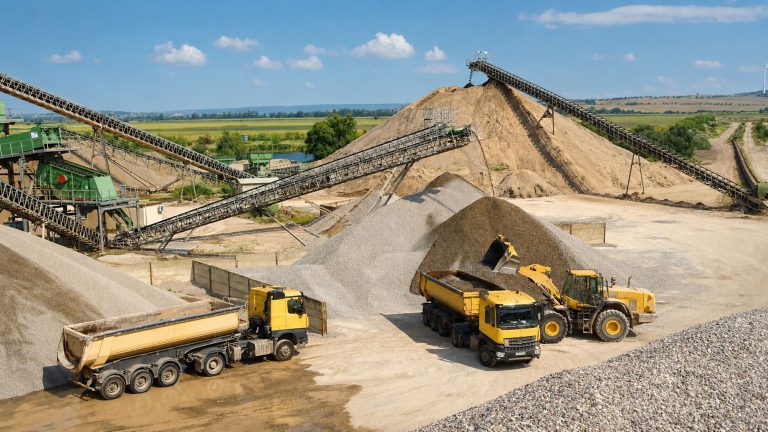 Das Bild zeigt ein weitläufiges Kieswerk mit mehreren Förderbändern, großen Materialhalden und offenen Betriebsflächen. Im Vordergrund stehen zwei Lastwagen und ein Radlader an einer Schüttgutverladung. Im Hintergrund sind weitere Förderanlagen, hohe Sand- und Kieshalden sowie eine offene Landschaft mit Feldern und Wegen zu sehen.