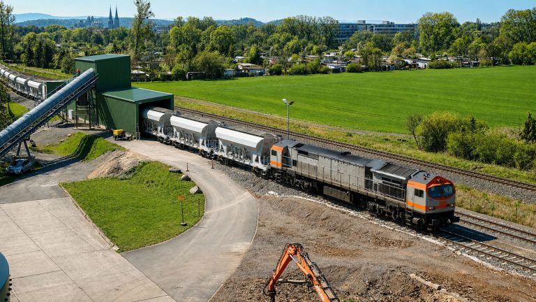 Das Bild zeigt eine Bahnverladung mit einem Güterzug auf einem Gleisanschluss neben einer Förderanlage. Mehrere Schüttgutwagen stehen an einer Verladestation, während ein Förderband Material zur Anlage transportiert. Im Hintergrund sind Grünflächen, Bäume, Gebäude und weitere Gleise in einer offenen Landschaft zu sehen.