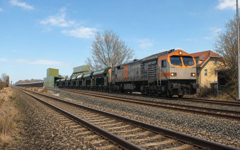 Ein langer Güterzug mit Lokomotive und Schüttgutwagen steht auf mehreren Gleisen neben einer industriellen Verladeanlage. Gleise, Schotterbett, Gebäude und Bäume prägen die Szene.