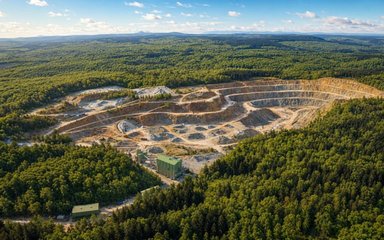 Eine weite Luftaufnahme zeigt einen großen terrassierten Steinbruch, eingebettet in dichte Waldflächen. Im Vordergrund sind Aufbereitungsanlagen, Fahrwege und Materialhalden zu sehen.