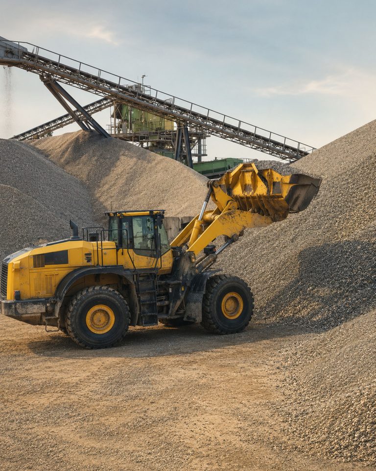 Ein gelber Radlader arbeitet vor großen Kieshaufen in einem industriellen Kieswerk. Im Hintergrund verlaufen Förderbänder und Aufbereitungsanlagen unter hellem Himmel.