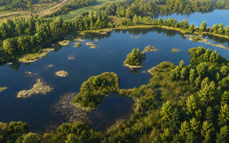 Eine Luftaufnahme zeigt einen ruhigen See mit kleinen bewachsenen Inseln, flachen Uferzonen und dichter grüner Vegetation rund um das Wasser.